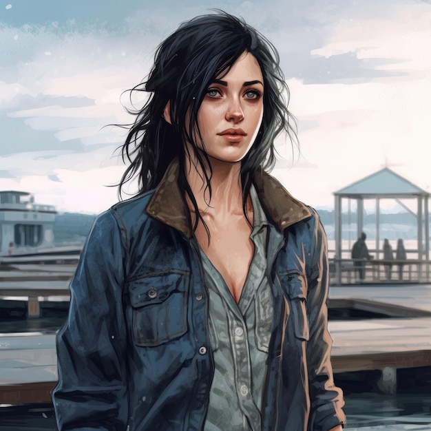 A woman with long hair and a denim jacket stands on a dock.