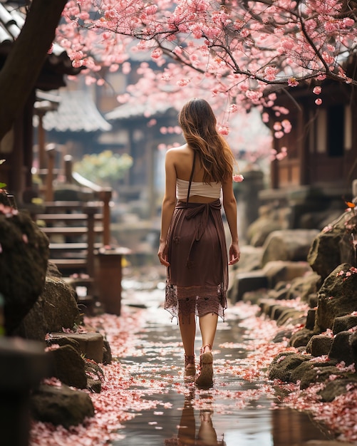 A woman with long hair in a dress walks through the sakura park Travel and adventure