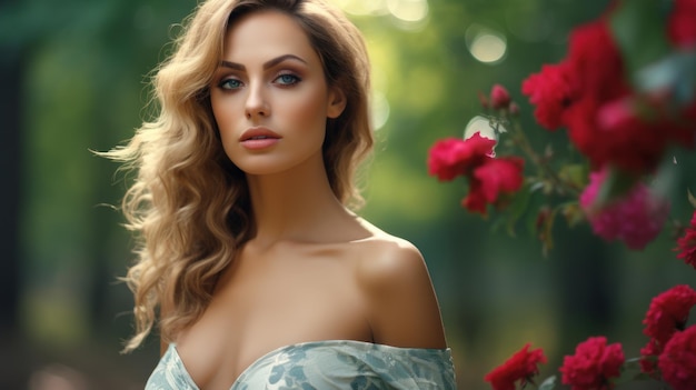 woman with long hair and a floral dress