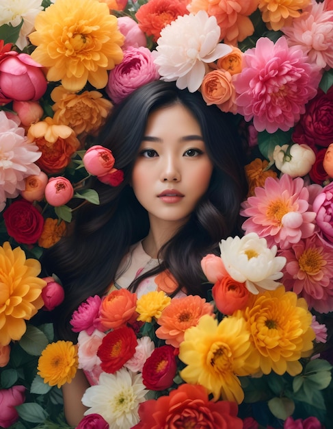 a woman with long hair and a flower in the middle of her head