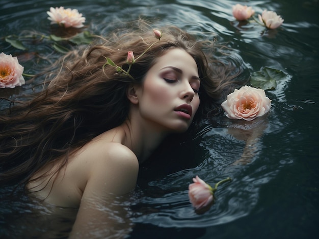 a woman with long hair and a flower in the water