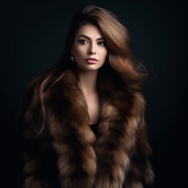 A woman with long hair and a fur coat is standing in a dark room.