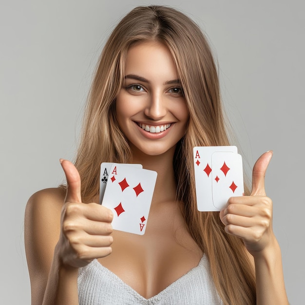 Photo a woman with long hair giving a thumbs up sign that says  playing cards