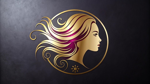 a woman with long hair and a gold frame with the logo for the logo of a woman