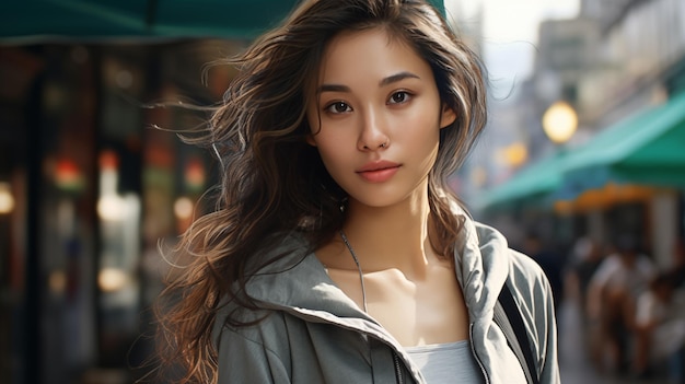 a woman with long hair and a gray jacket is standing in front of a store