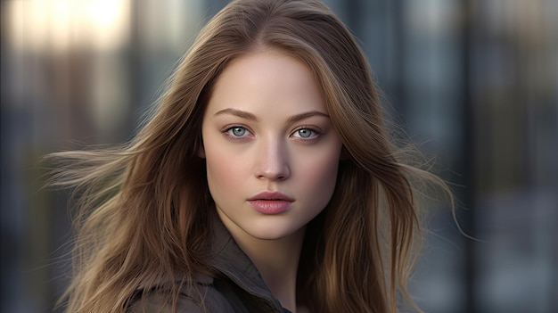 A woman with long hair and a green eyes looks into the camera.