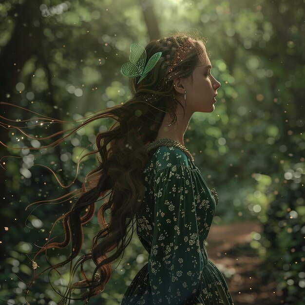 Photo a woman with long hair and a green floral print is standing in the forest