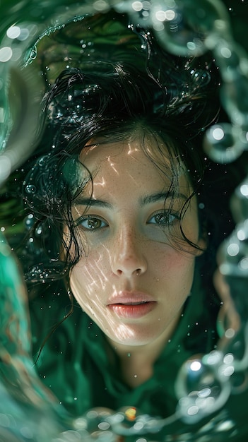 a woman with long hair and a green shirt under her eyes is looking at the camera