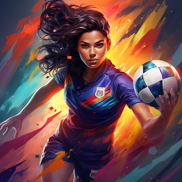 Photo a woman with long hair holding a soccer ball in front of her face