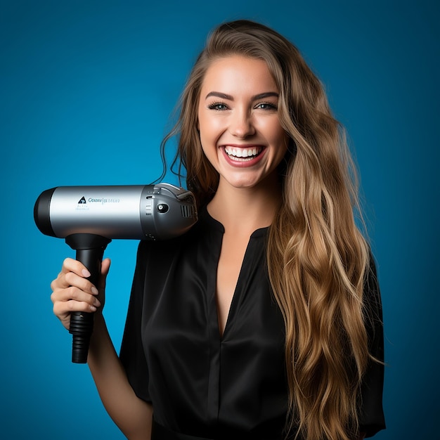 a woman with long hair holds a blow dryer