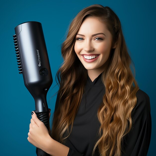 Photo a woman with long hair holds a blow dryer