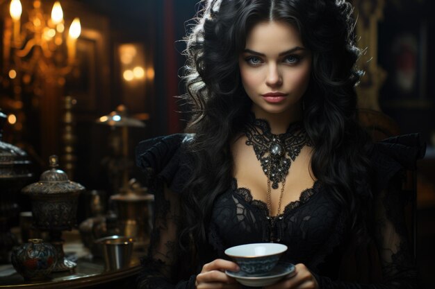 Photo a woman with long hair holds a cup of tea