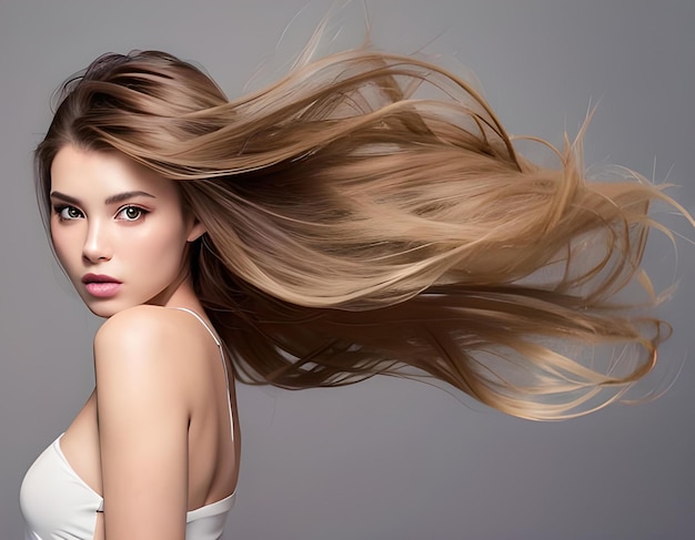 A woman with long hair is flying in the wind