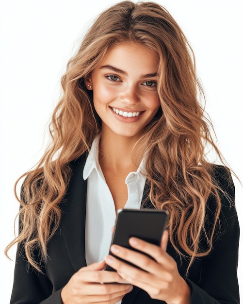 a woman with long hair is holding a phone