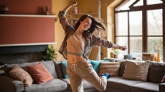 Photo a woman with long hair is jumping in the air with her arms up in the air