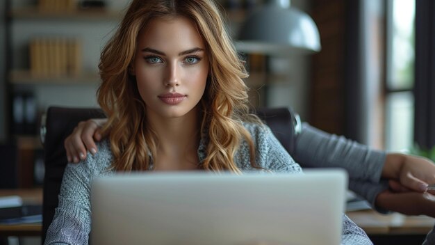 a woman with long hair is looking at a computer screen