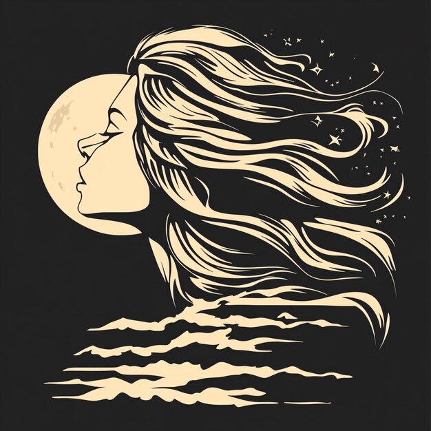 a woman with long hair is looking at the moon