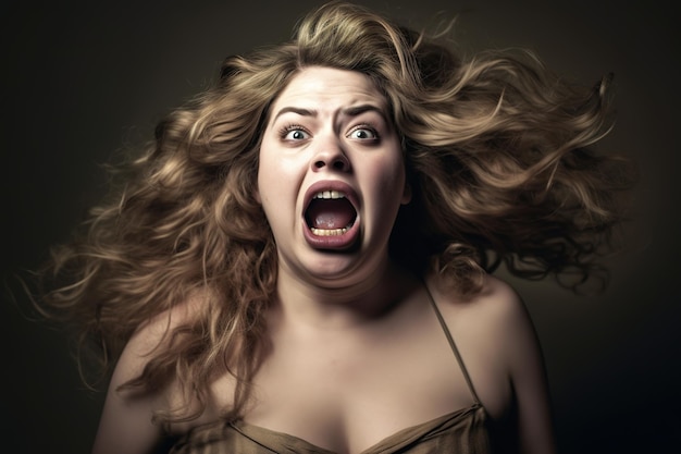 A woman with a long hair is screaming and has a big mouth and a big smile on her face