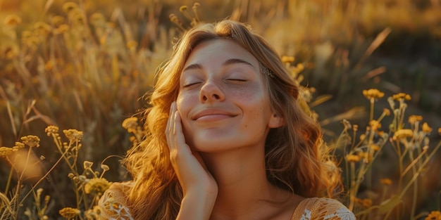 A woman with long hair is sitting in a field of yellow flowers She is smiling and she is enjoying the moment