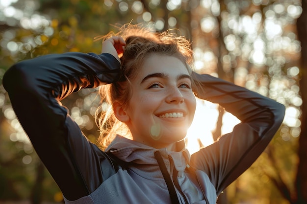 A woman with long hair is smiling and holding her hair up