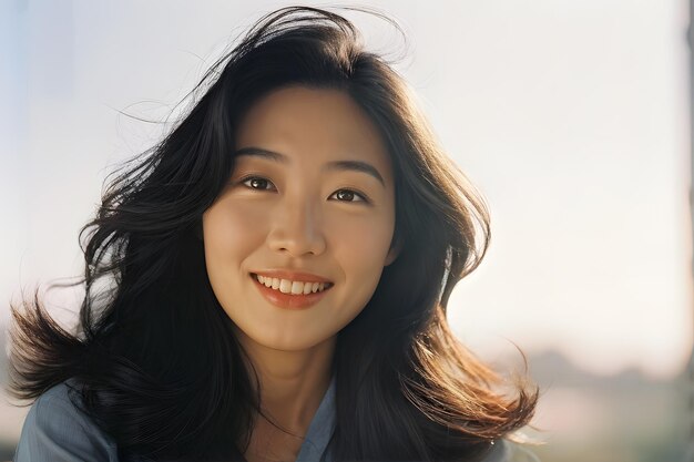 A woman with long hair is smiling and looking at the camera