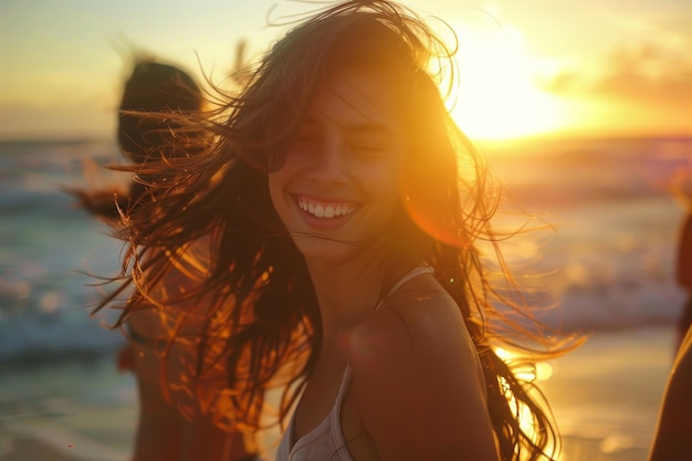 A woman with long hair is smiling and standing on the beach