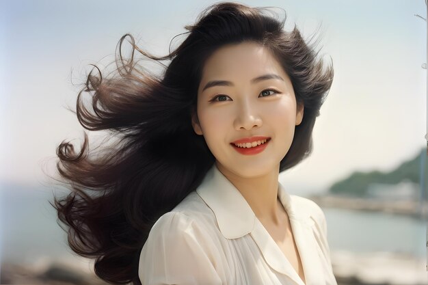 A woman with long hair is smiling and wearing a white shirt