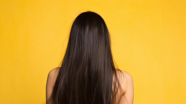 a woman with long hair is standing against a yellow background