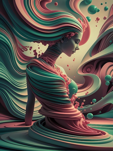 a woman with long hair is standing in a colorful abstract pattern