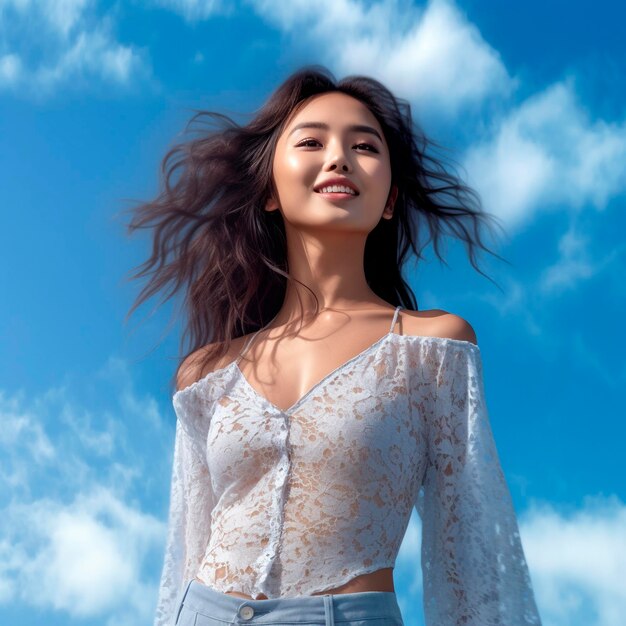 A woman with long hair is standing in front of a blue sky with clouds.