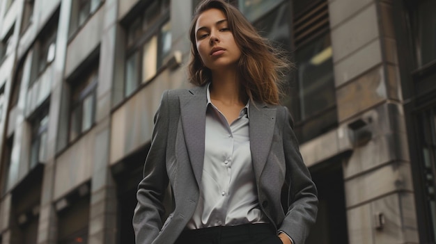 Photo a woman with long hair is standing in front of a building