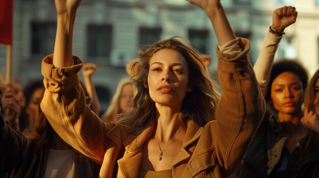 Photo a woman with long hair is standing in front of a crowd of other people