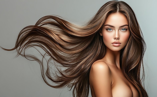 Photo a woman with long hair is standing in front of a gray wall