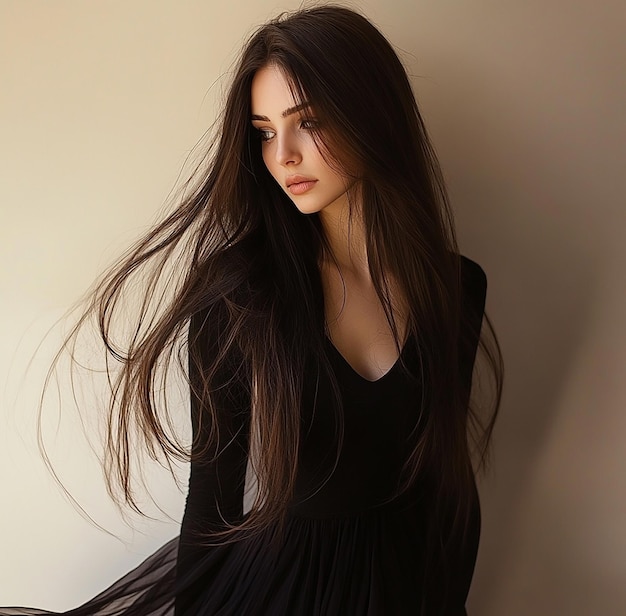 Photo a woman with long hair is standing in front of a wall