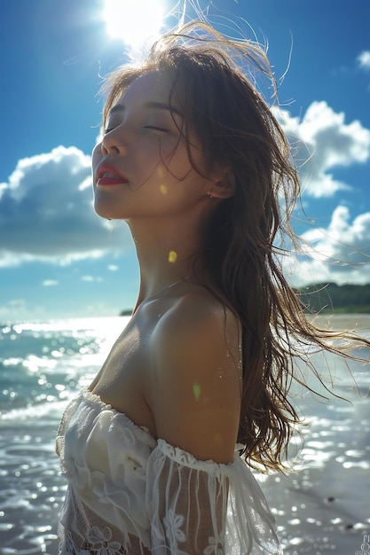 a woman with long hair is standing in the water with her eyes closed