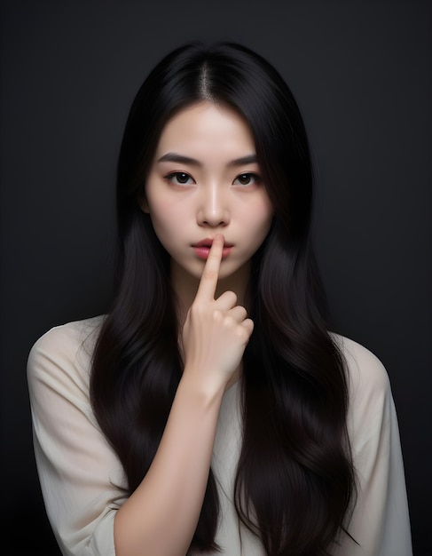 a woman with long hair is touching her lips with her finger