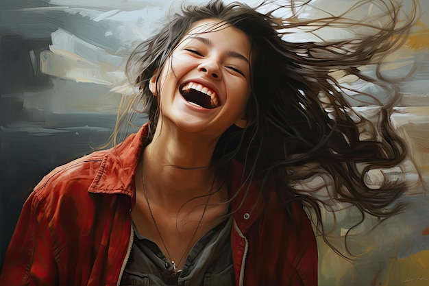 Photo a woman with long hair laughing and holding a cell phone woman laughing wholeheartedly spreading contagious happiness