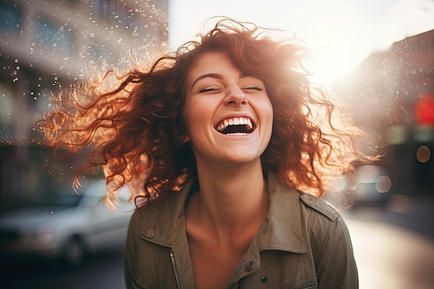 Photo a woman with long hair laughing and holding a cell phone woman laughing wholeheartedly spreading contagious happiness