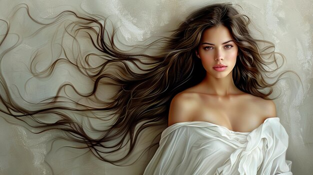 Photo a woman with long hair laying on a bed with a white blanket