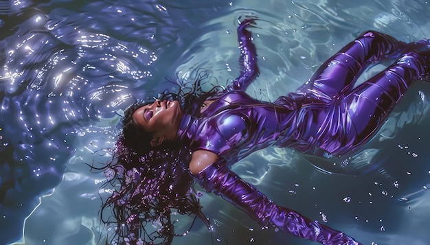 Photo a woman with long hair laying in water with a purple body suit