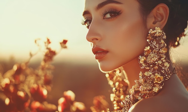 a woman with long hair and long eyelashes stands in front of a field of flowers