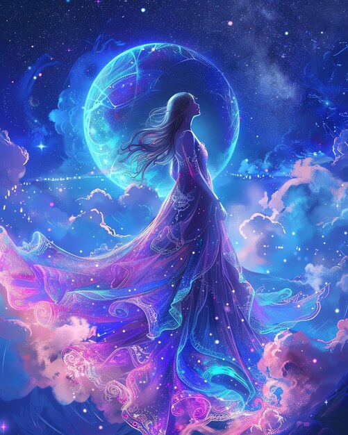 a woman with long hair and a long flowing dress is standing in the clouds