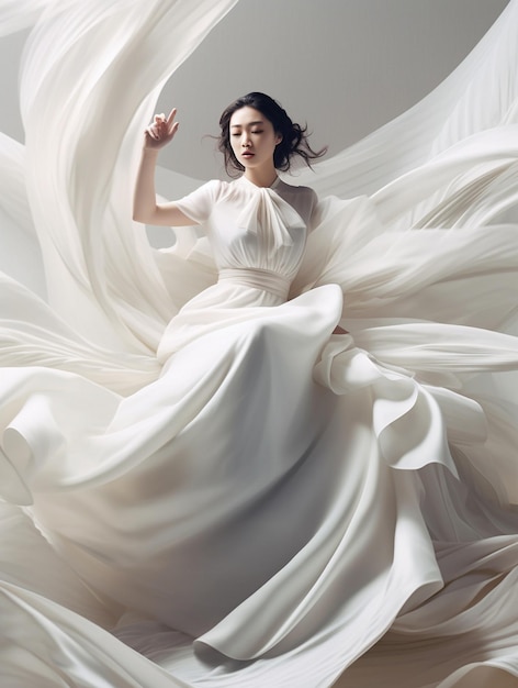 Photo a woman with long hair and a long flowing dress is standing in front of a white background