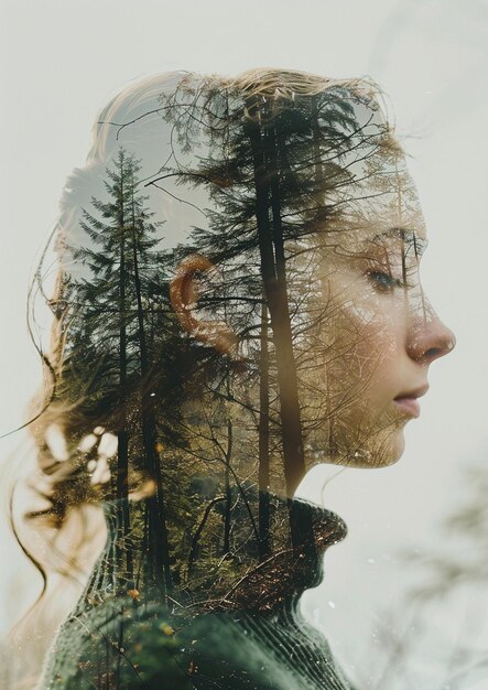 Photo woman with a long hair and a long hair is reflected in a window