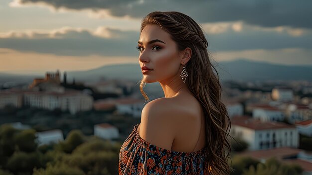 a woman with long hair and a long hair looks at the sunset