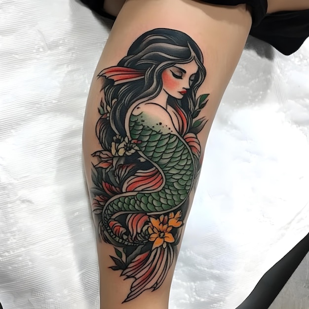 A woman with long hair and a mermaid on her arm