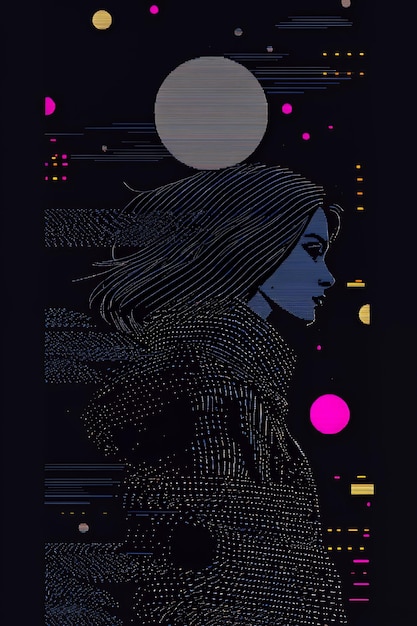 Photo woman with long hair under the moon line art illustration