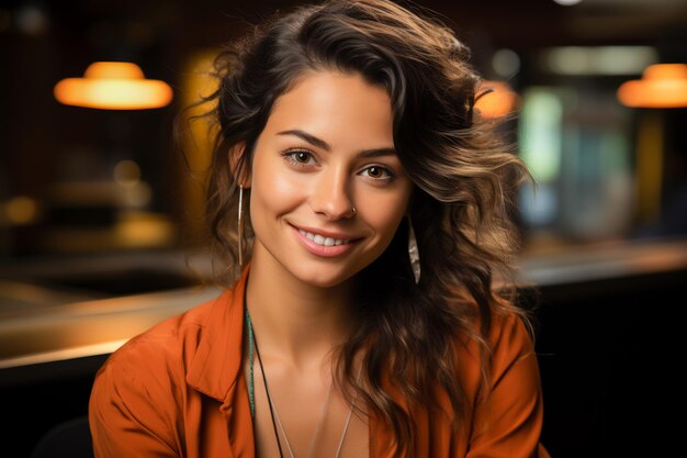 Woman with long hair and necklace smiling at the camera Generative AI