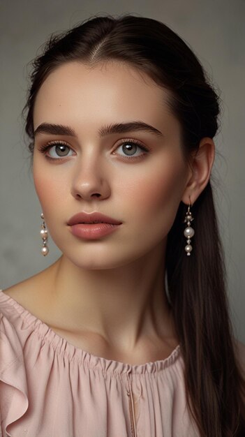 a woman with long hair and a pink dress with silver earrings