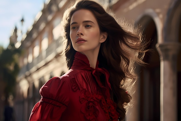 a woman with long hair and a red dress with a flower on the front